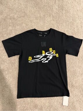 VLONE Black Tee with White Script and Yellow Panels